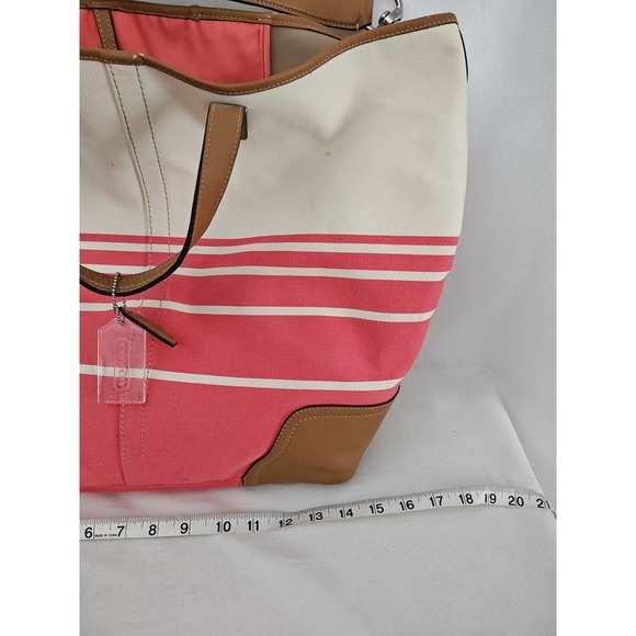 Coach Hadley Variegated Coral & Beige Striped Canvas Leather Tote Bag F30302 - Picture 14 of 16